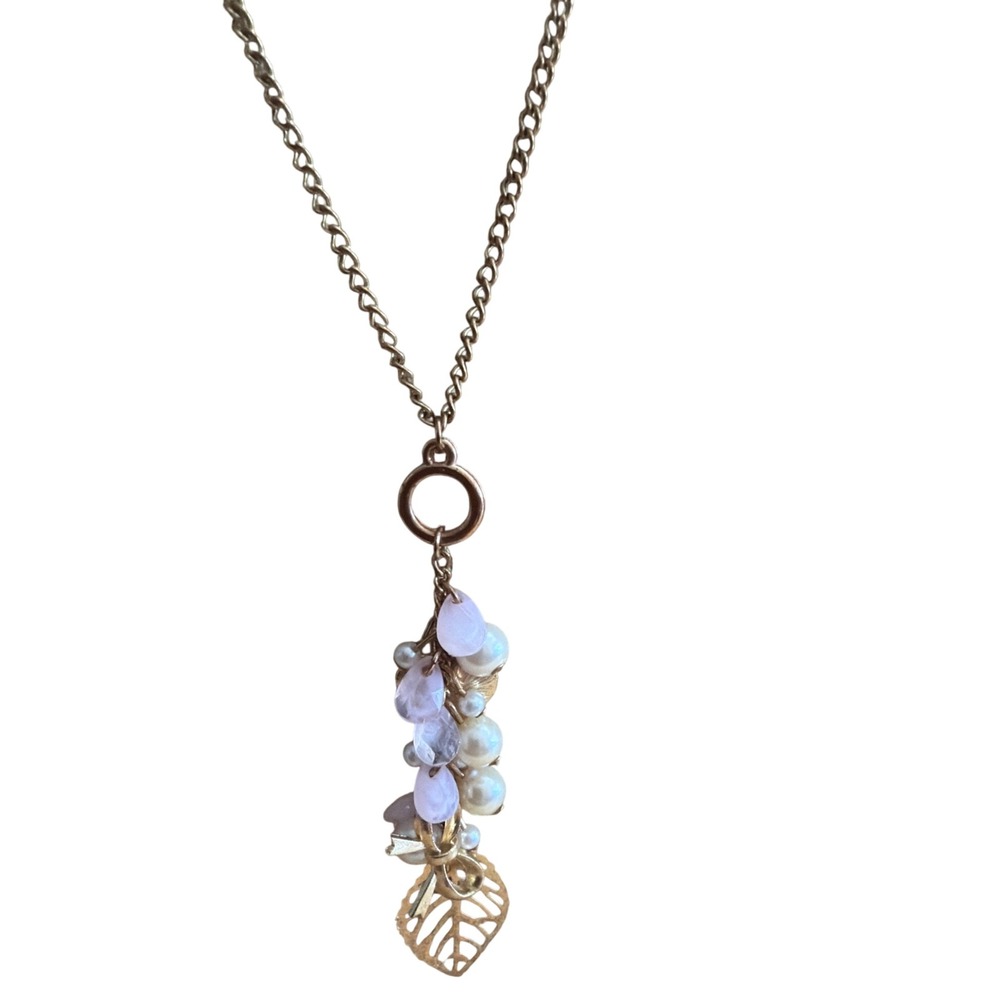 Etc! Gold Tone Long Cluster Pendant Necklace Pearl Pink Bead Leaf Heart Bow